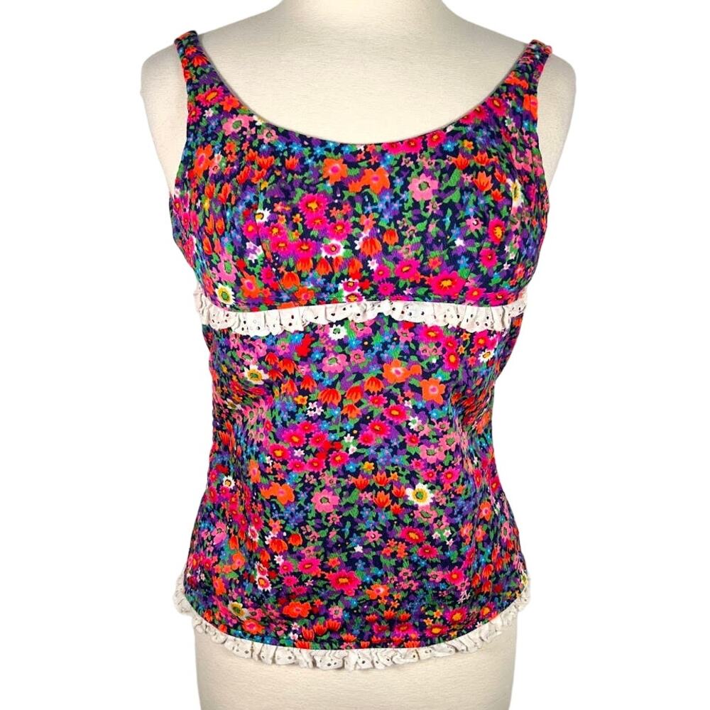 Vtg Women's Floral Tankini Top XS Pink Purple Lace Trim Sleeveless Swim Beach